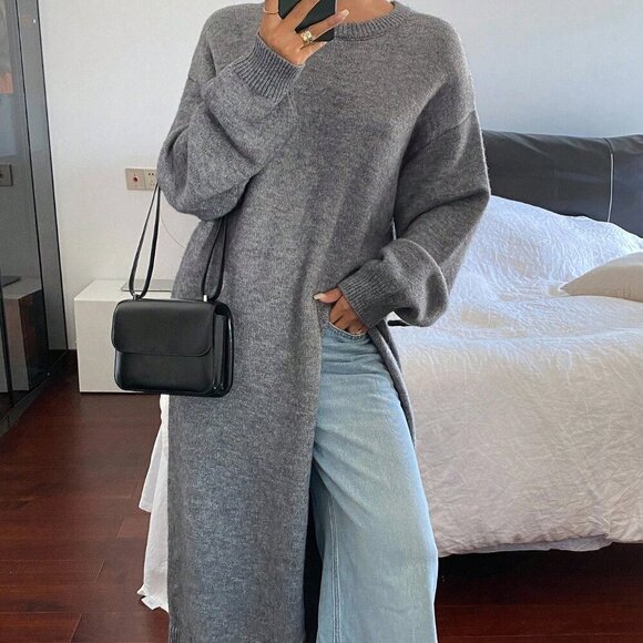 Grey Women's Casual Split Hem Knit Sweater Top - Picture 6 of 7